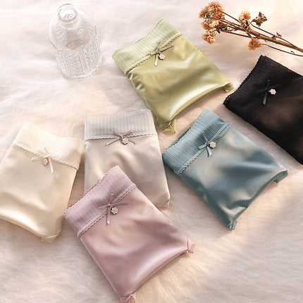 Silk Satin Panties Women's Light Luxury Light Sense Comfortable Traceless Elegant Lace Trim Mid-high Waist Mulberry Silk Crotch Briefs