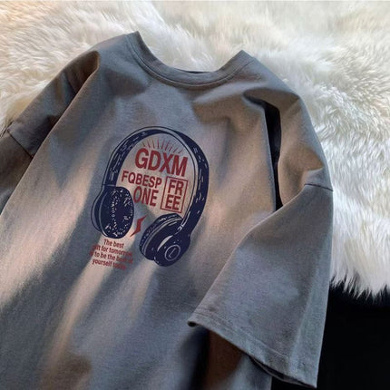Ins Trendy Brand Headphone Printed Heavy Cotton Short-Sleeved T-Shirt Men's American Retro Summer Loose Round Neck Short-Sleeved T-Shirt