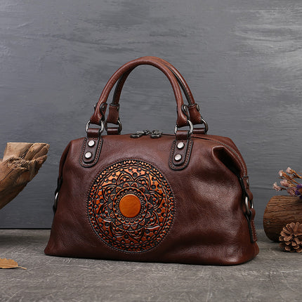 Embossed Totem Tote Bag in Vegetable-Tanned Leather for Women, Commuter Handbag, Large Capacity Shoulder Crossbody Dumpling Bag