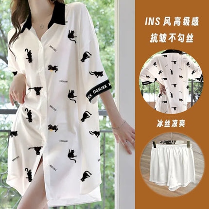 Summer New Style Fashionable Pure Lust Sexy Ice Silk Shirt Pajamas Loose High-End Home Wear Suit for Women