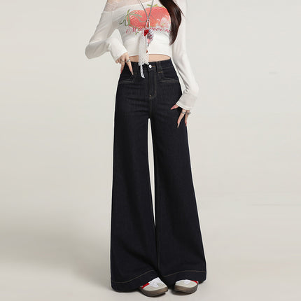 Raccoon House # Vintage Washed Blue Jeans for Women Fashion European and American Style High Waist Loose Flared Floor-Length Wide-Leg Pants