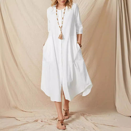 Cross-border wish AliExpress 2022 summer new women's 5-sleeve round neck single-breasted solid color cotton and linen dress