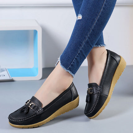 Summer Hollow New Leather Shoes for Middle-Aged and Elderly Mothers, Women's Single Shoes, Bean Shoes, Women's Soft-Soled Wedge-Heeled Clogs, Women's Shoes
