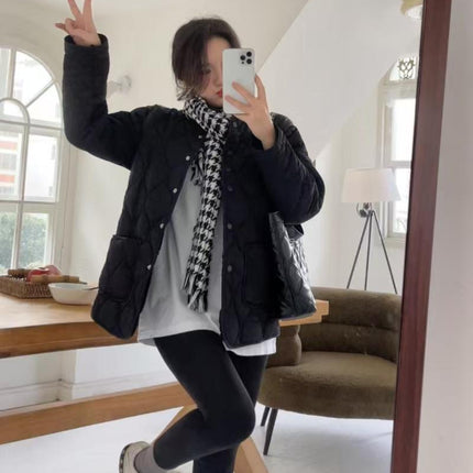 2025 Collarless Lamb Wool Spliced Diamond Plaid Winter K-Style Loose Small Fragrance Style Warm Cotton Coat Women's Cold Protection