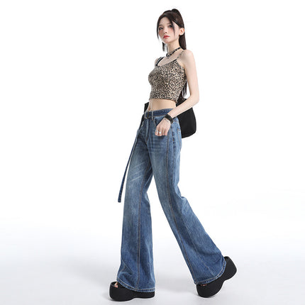 Vintage High-Waisted Distressed Flared Jeans for Women, Loose Fit, Slimming, Versatile, Floor-Length Bell-Bottom Pants