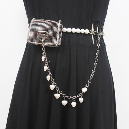 New European and American shiny rhinestone Pearl Mini small waist bag versatile fashion messenger bag change key belt for women