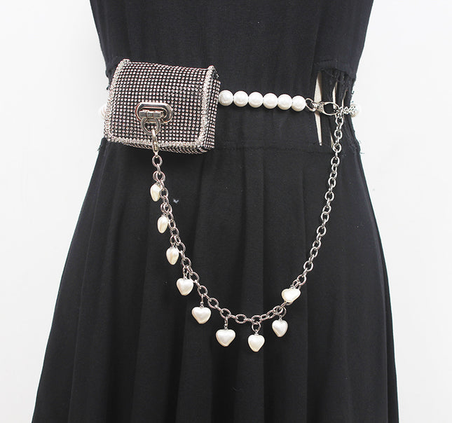 New European and American shiny rhinestone Pearl Mini small waist bag versatile fashion messenger bag change key belt for women