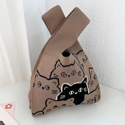 Knitted Cat Handbag, Trendy Cartoon Women's Bag, Versatile Bag, Lunch Bag, Hand-Carry Shoulder Bag, Small Square Bag, Portable