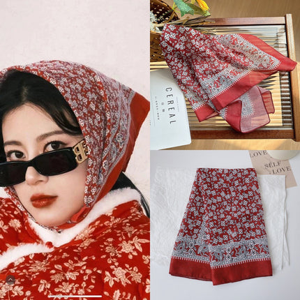 Celebrity style cotton and linen square scarf women's 58cm lightweight breathable small scarf Beautiful atmosphere photography accessories headscarf
