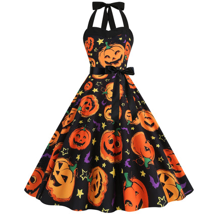Factory direct supply 2024 Halloween new Hepburn style high waist slim hanging neck large swing long retro dress