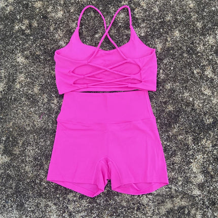 Women's Tight Yoga Shorts Set Beautiful Back Cross Sports Bra Gym Yoga Short Set