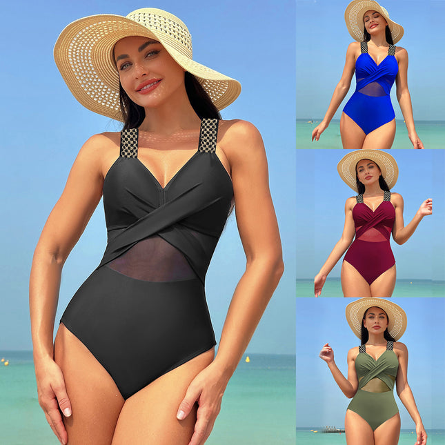 2025 New European and American Amazon Cross-Border One-Piece Swimsuit Solid Color Mesh Bikini Quick-Dry