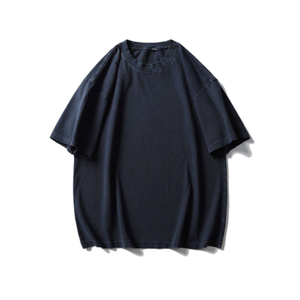 Black Fleet Distressed Short-Sleeve T-Shirt, Pure Cotton, Washed, Versatile for Everyday Wear, Crew Neck, Drop Shoulder, Half-Sleeve Top Mgd202
