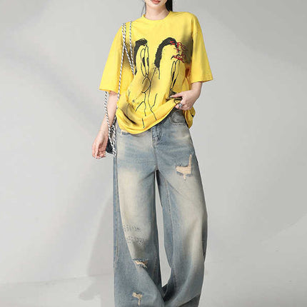 American Niche Retro Distressed Washed Ripped Jeans for Women, Loose High-Waisted Slimming Wide-Leg Floor-Length Pants