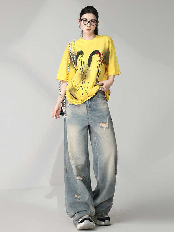 American Niche Retro Distressed Washed Ripped Jeans for Women, Loose High-Waisted Slimming Wide-Leg Floor-Length Pants