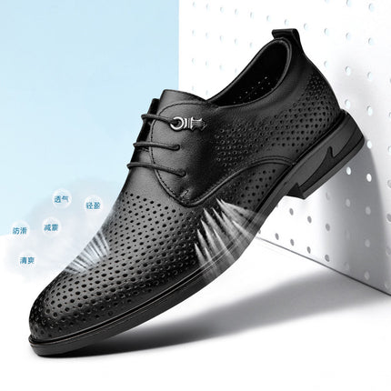 Men's Leather Shoes Summer New Business Casual Dress Shoes Men's Perforated Cowhide Hollow Breathable Black Leather Shoes for Men