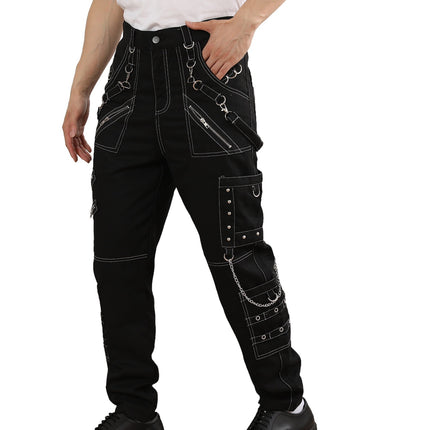 Chain Decoration Personality Casual Pants Men Gothic Pants Punk Rock Eyelet Cargo Pants Bondage Jeans