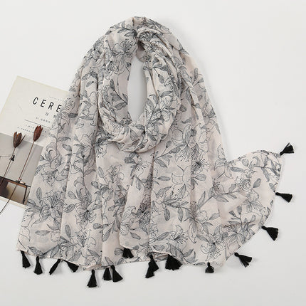 Fresh and Elegant Red Petal Mixed Printed Tassel Gauze Women's Cotton and Linen Scarf Travel Decorative Shawl