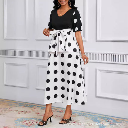 Cross-border Amazon Europe and the United States spring and summer popular fashion simple light cooked wind V collar short sleeve retro wave dress