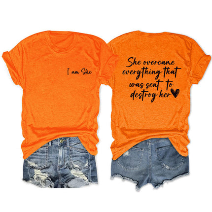 Amazon double-sided printed summer round neck short sleeve she overcame everthing loose all-match T-shirt