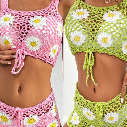 Summer New Bikini Set Daisy Swimsuit Camisole Shorts Set Hand Hook Vest + Shorts Two-Piece Set