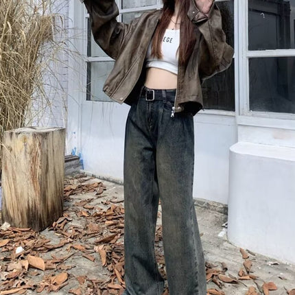 Cement Grey Wide Leg Jeans Women's Autumn 2024 New High Waist Slimming Pleated Straight Mop Maillard Pants