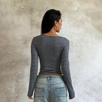 Amazon's Best Selling Autumn and Winter Women's Striped Long-Sleeved Round Neck Navel-Baring Casual and Comfortable Street Sexy Slim Tops for Women