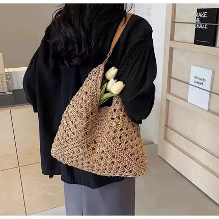 Straw Bag Women's Large-Capacity Bag New Chinese Style Color Matching Shoulder Bag Summer Seaside Vacation Bag Woven Bag Armpit Bag