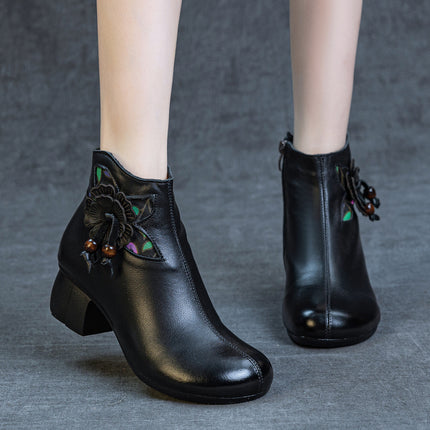 Genuine Leather Boots for Women 2025 Autumn and Winter New Style Thick Heel Soft Sole Fleece-Lined and Cotton Short Boots First Layer Cowhide Flower Women's Boots