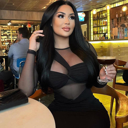 European and American women's wear cross-border foreign trade manufacturers 2022 new round neck mesh stitching long sleeve mid-length tight dress