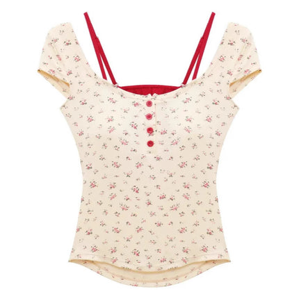 [Padded] Pure Desire Fake Two-Piece Floral Short-Sleeved T-Shirt Hot Girl Backless Slimming Short Top with Breast Pad