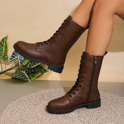 2025 Spring New Style Medium Heel Thick Heel Retro Large Size Cross-Border Mid-Calf Boots for Women Foreign Trade Round Toe Side Zipper Women's Boots
