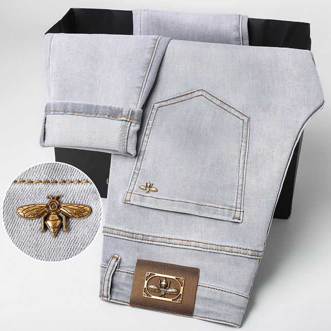 High-end European Spring and Summer New light gray Slim-fit Stretch Casual Trousers All-match Slim-fit Men's Jeans