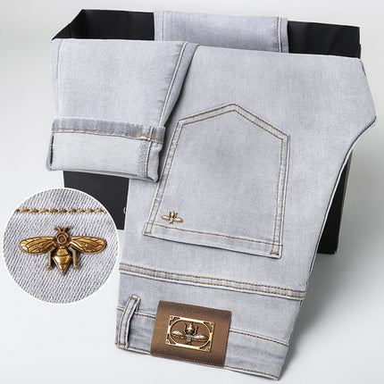 High-end European Spring and Summer New light gray Slim-fit Stretch Casual Trousers All-match Slim-fit Men's Jeans