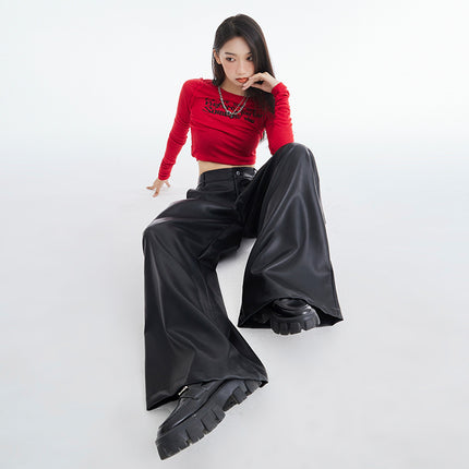Eye-Catching Moment 2025 Autumn and Winter Versatile American Retro Elastic Waist Wide-Leg Casual Loose Black Leather Pants
