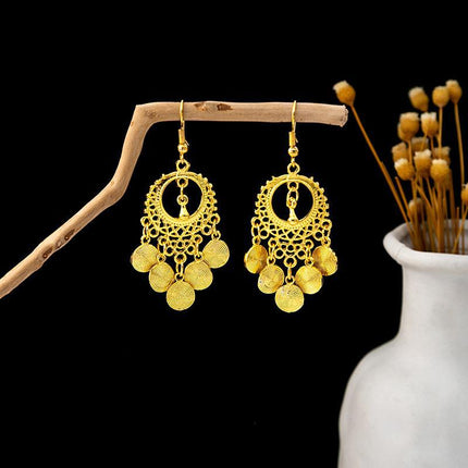 Ethnic Peacock Earrings Golden Bell Tassel Earrings Bohemian Leaf Pendant Scenic Earrings Wholesale