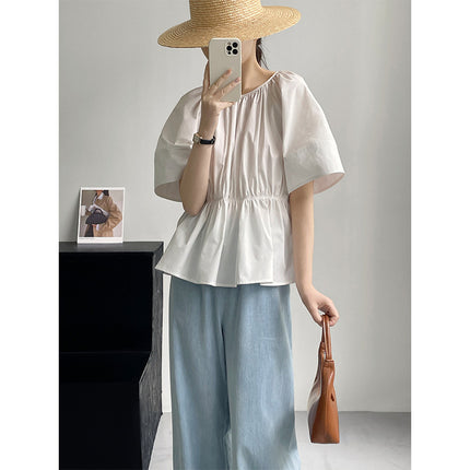 Taochuan Backless Discreet~Round Neck Elegant Slimming Look Versatile Waist Design Cut Out Short-Sleeved Shirt for Women 5385