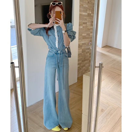 2025 Spring New High Waist Washed Jeans Women's Loose light blue Drawstring Micro-flared All-match Mop Pants