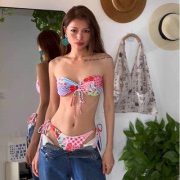 New European and American Sexy Tube Top Bikini suit Vacation Floral Ins Split Swimsuit with Chest Pad Spa Swimsuit
