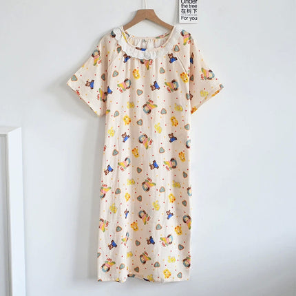 Summer Baby Cotton Gauze Short-Sleeved Thin Nightgown for Women Cartoon Lace Round Neck Breathable Cotton Home Clothes Can Be Worn Outside