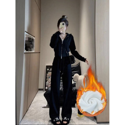 2024 autumn and winter fleece-lined sports leisure suit zipper hooded vests wide leg casual pants Joker slim casual