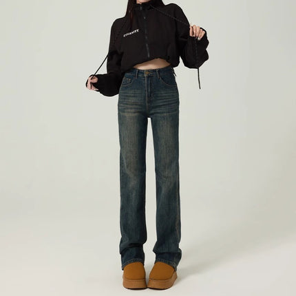 Vintage Cement Grey Narrow Edition Straight Jeans Women's Fashion All-match New Explosive High Waist Slimming Wide Leg Floor Pants