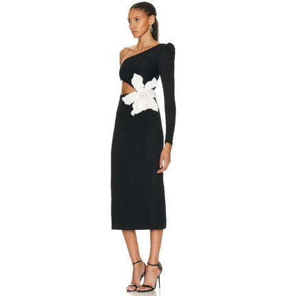 Intellectual style fashion one-shoulder dress elegant high-grade goddess fan waist flower decorative bandage dress for women