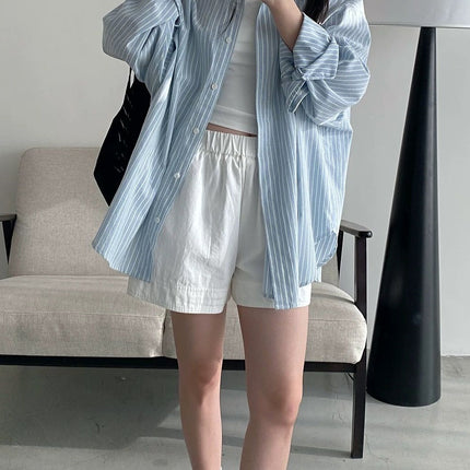 Polo Collar Light Blue Long-Sleeved Stripesd Shirt for Women Autumn and Summer Korean Chic New Style Loose Cardigan Top for Women