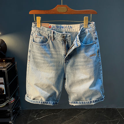 Summer Casual Shorts Men's plus size Light Color Five-point Jeans Trendy Embroidered High-end Men's Straight Pants