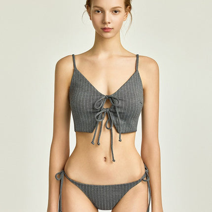 Source Factory 2025 Split Swimsuit Women's Three-Piece Sexy Deep V Strap Slimming Look Stripesd Skirt Bikini