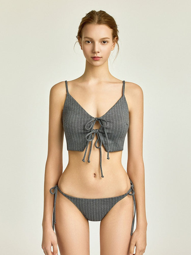 Source Factory 2025 Split Swimsuit Women's Three-Piece Sexy Deep V Strap Slimming Look Stripesd Skirt Bikini