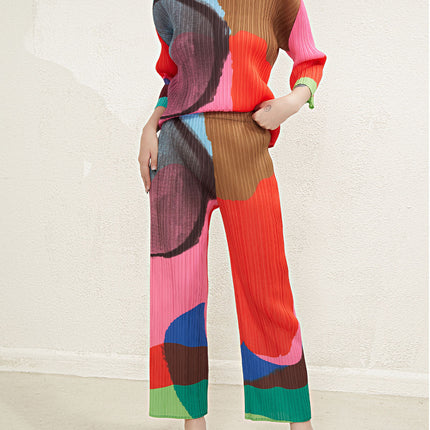 Pleated Elegant Suit for Women Miyake Print Japanese Loose Top High Waist Elastic Wide Leg Straight Pants Two-Piece Set