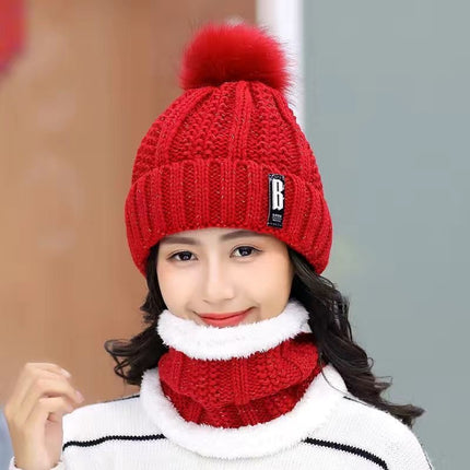 Winter Knitted Women's Hat Fur Ball Fleece-Lined Ear Protection Warm Two-Piece Hat Scarf Letter Mark Knitted Woolen Hat