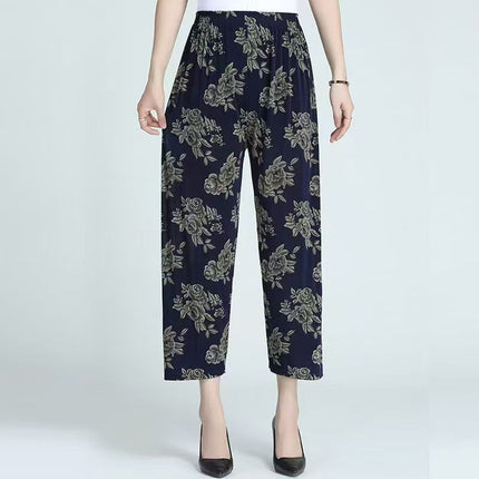 Foreign Trade Plus Size Middle-aged and Elderly Summer Thin Breathable Nine-point Flower Pants Mom Pants Ice Silk Loose Straight Pants